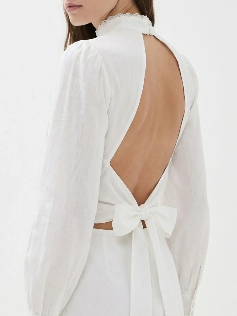 Reformation White High-Neck Long Sleeve   Tie Back Blouse Top Sz S